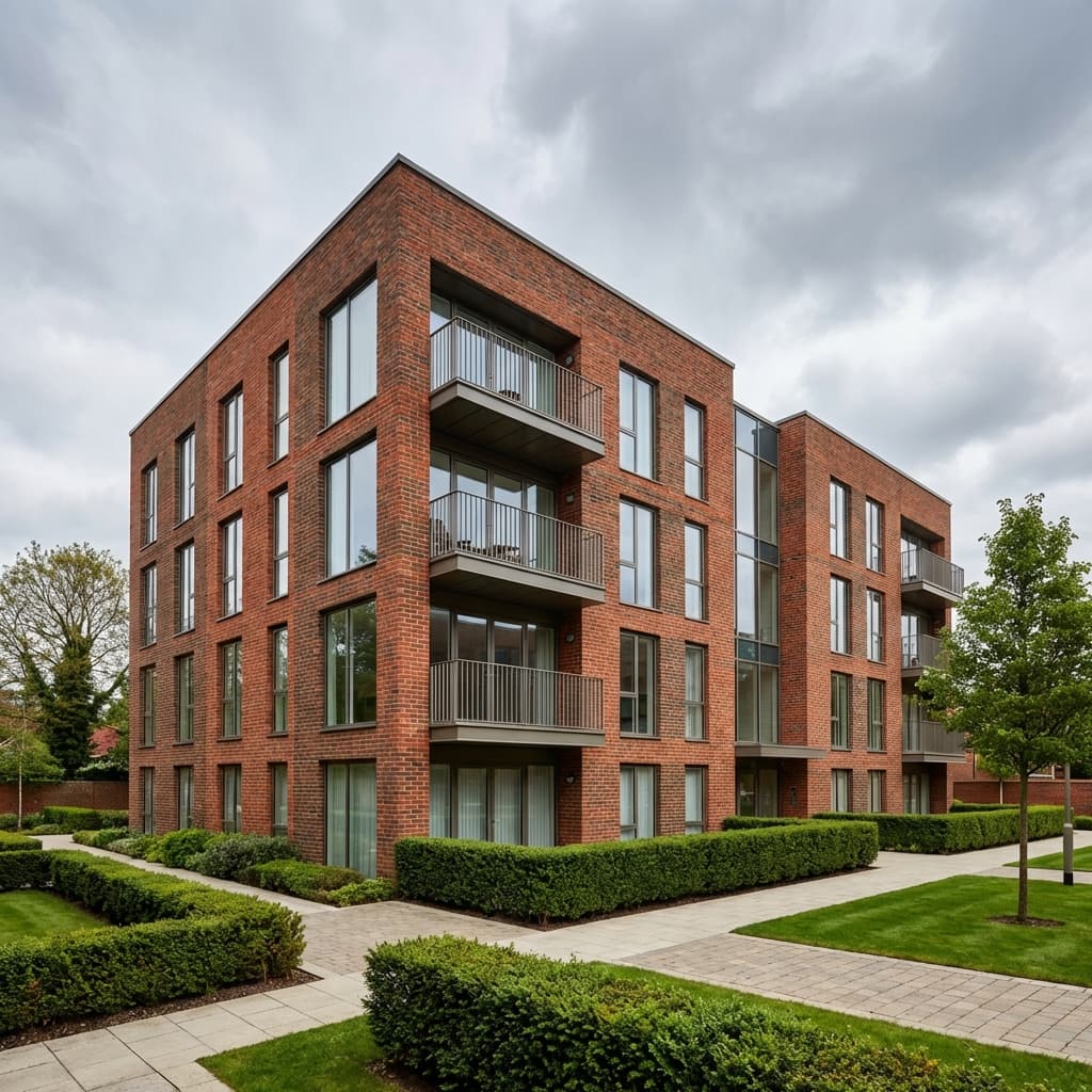 UK block of flats exterior in the Thames Valley