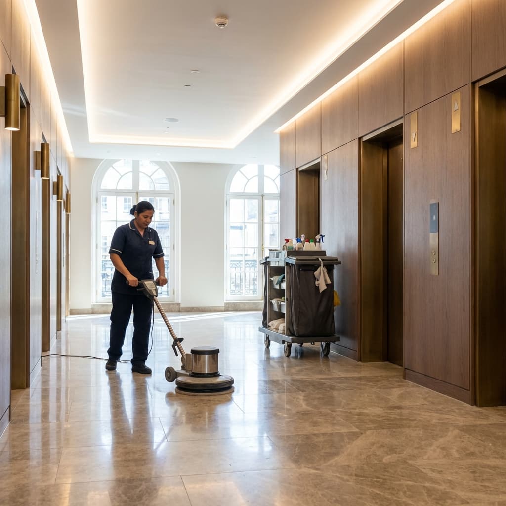 Communal area cleaning in a UK residential block