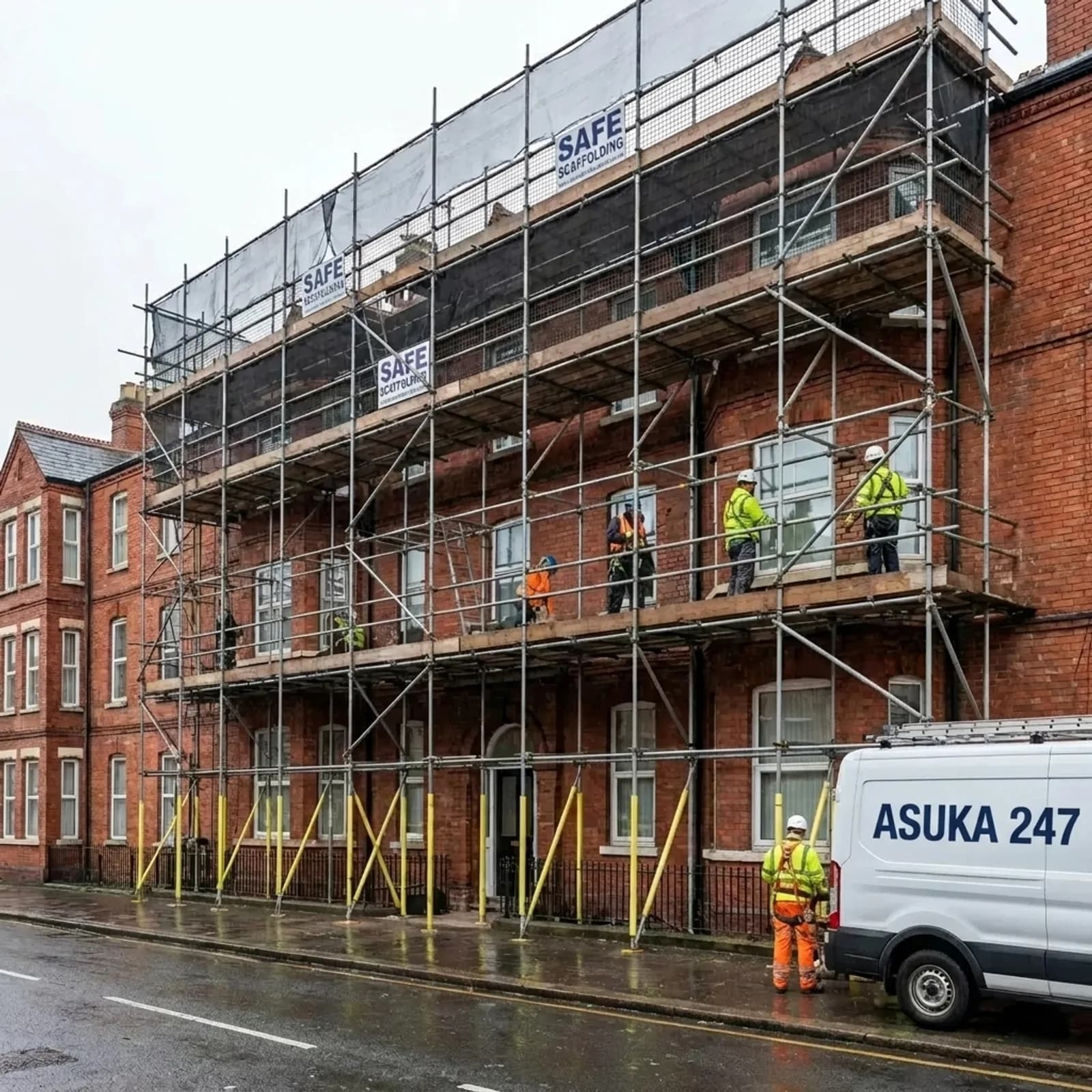Fire safety compliance scaffolding on a UK block